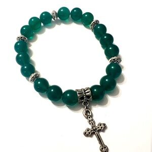 Green jade stretched bead bracelet with silver cross charm-Christmas colors